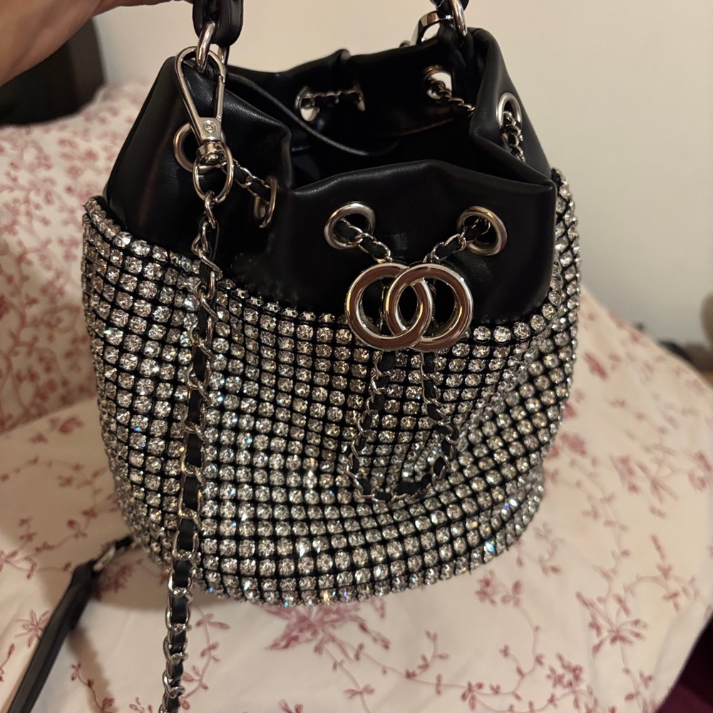Crystal Embellished Black Bucket Bag with Chain Strap